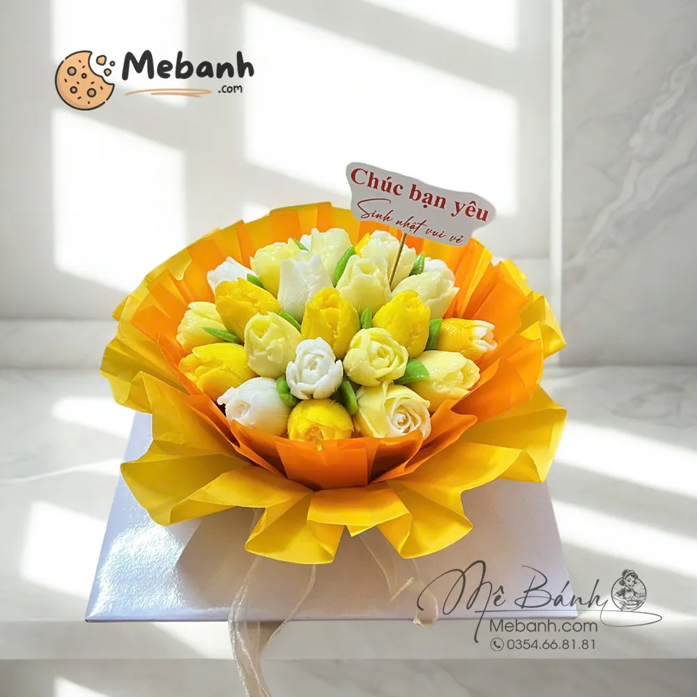 Bánh rau câu sinh nhật bó hoa hồng vàng