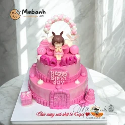 Bánh rau câu sinh nhật 2 tầng lâu đài hồng cho bé gái