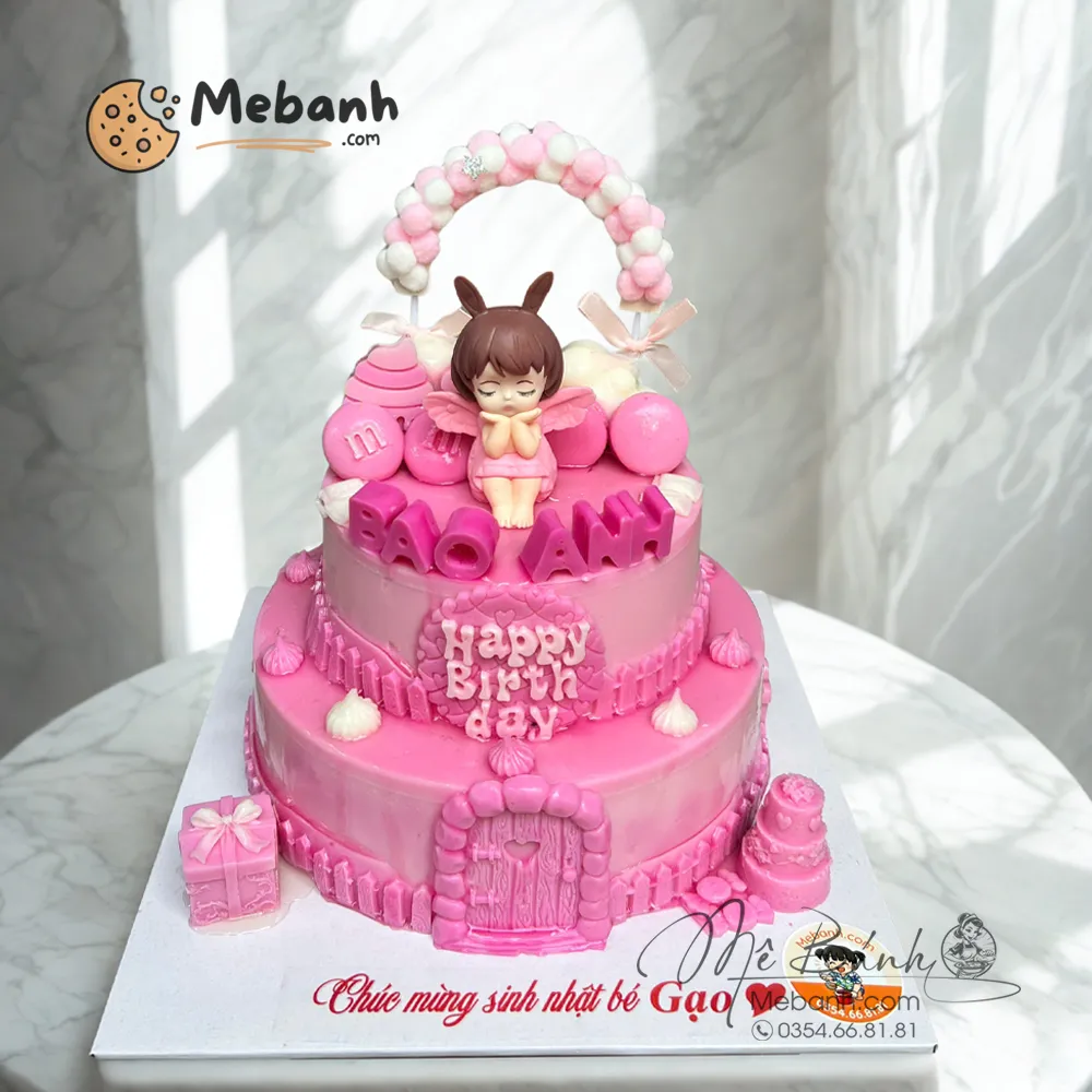 Bánh rau câu sinh nhật 2 tầng lâu đài hồng cho bé gái