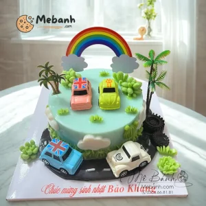 Bánh rau câu sinh nhật xe hơi trang trí cầu vồng cho bé trai